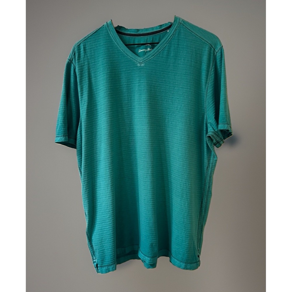 Tommy Bahama T Shirt Men's Large Teal Green Slub Knit V Neck Short Sleeve EUC